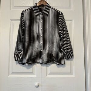 Bobby Chan 100% Silk Black White Striped Button Down Blouse Size L
